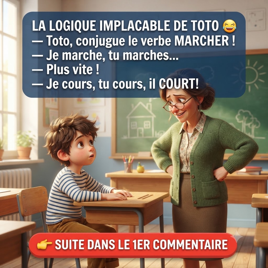 Illustration humoristique de Toto et sa maîtresse dans une salle de classe française, avec une citation drôle sur la conjugaison du verbe marcher