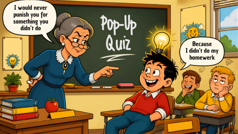Illustration humoristique de Toto en classe avec sa maîtresse, une ampoule allumée au-dessus de sa tête, des bulles de dialogue "Jamais je ne te punirais pour une faute que tu n'as pas commise" et "Parce que je n'ai pas fait mes devoirs" – article sur la blague de Toto de l'interrogation surprise