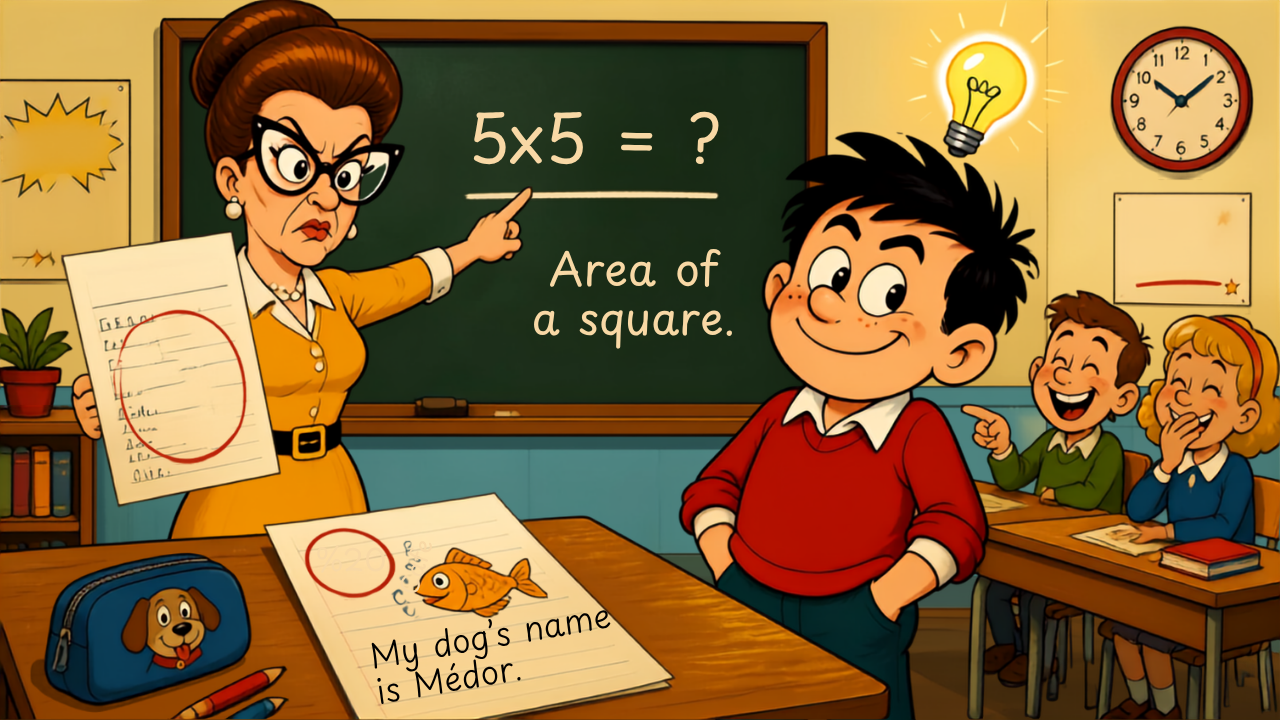 Illustration humoristique de Toto en classe avec sa maîtresse, une copie de devoir avec 0 sur 20, un poisson rouge dessiné et l'inscription "Mon chien s'appelle Médor" – article sur la blague de Toto en mathématiques