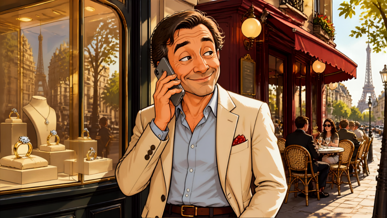 Blague couple : homme au téléphone sur un trottoir parisien entre un bistrot et une bijouterie