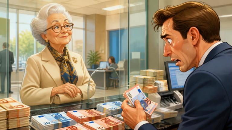 Vieille dame souriante au guichet de la banque regardant un caissier stressé compter des liasses de billets - Blague humour