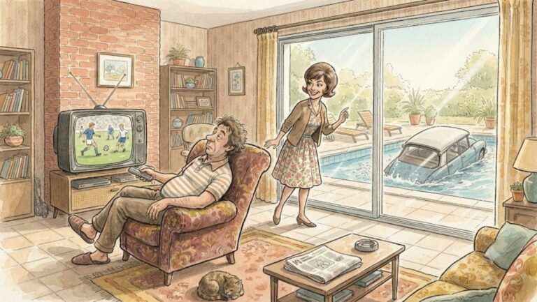 Illustration humoristique : une voiture garée dans une piscine, un mari regardant le foot à la télé et une femme souriante - la célèbre blague de couple