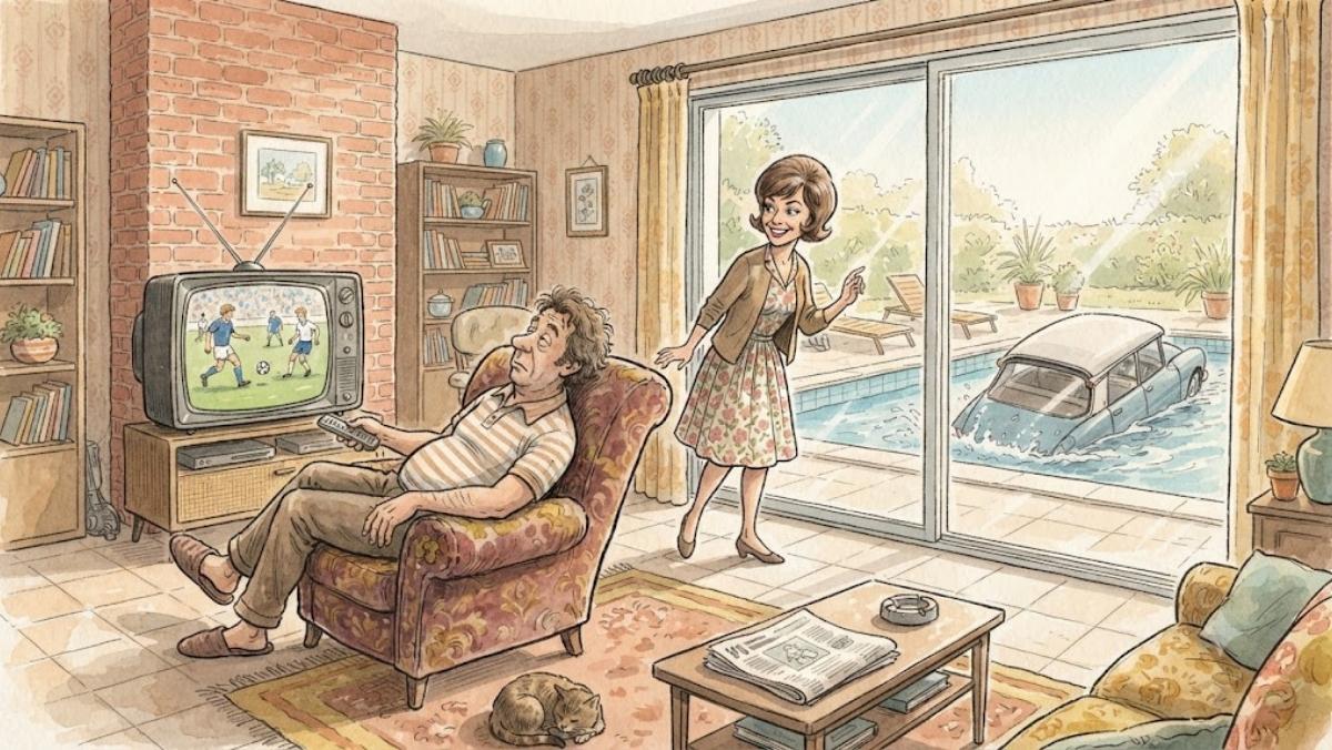 Illustration humoristique : une voiture garée dans une piscine, un mari regardant le foot à la télé et une femme souriante - la célèbre blague de couple
