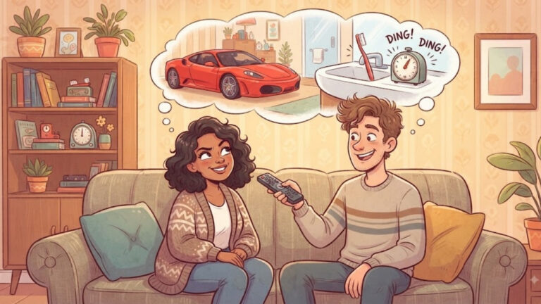 Couple souriant assis sur un canapé avec un chat, en train de rire – illustration pour l'article 15 blagues de couple courtes, drôles et familiales à partager en famille.