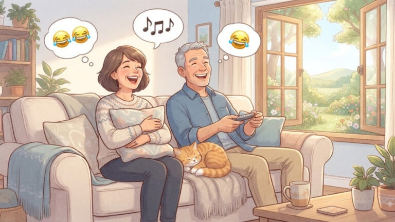 Couple souriant assis sur un canapé avec un chat – illustration pour l'article 15 blagues de couple drôles, propres et familiales à partager en famille.