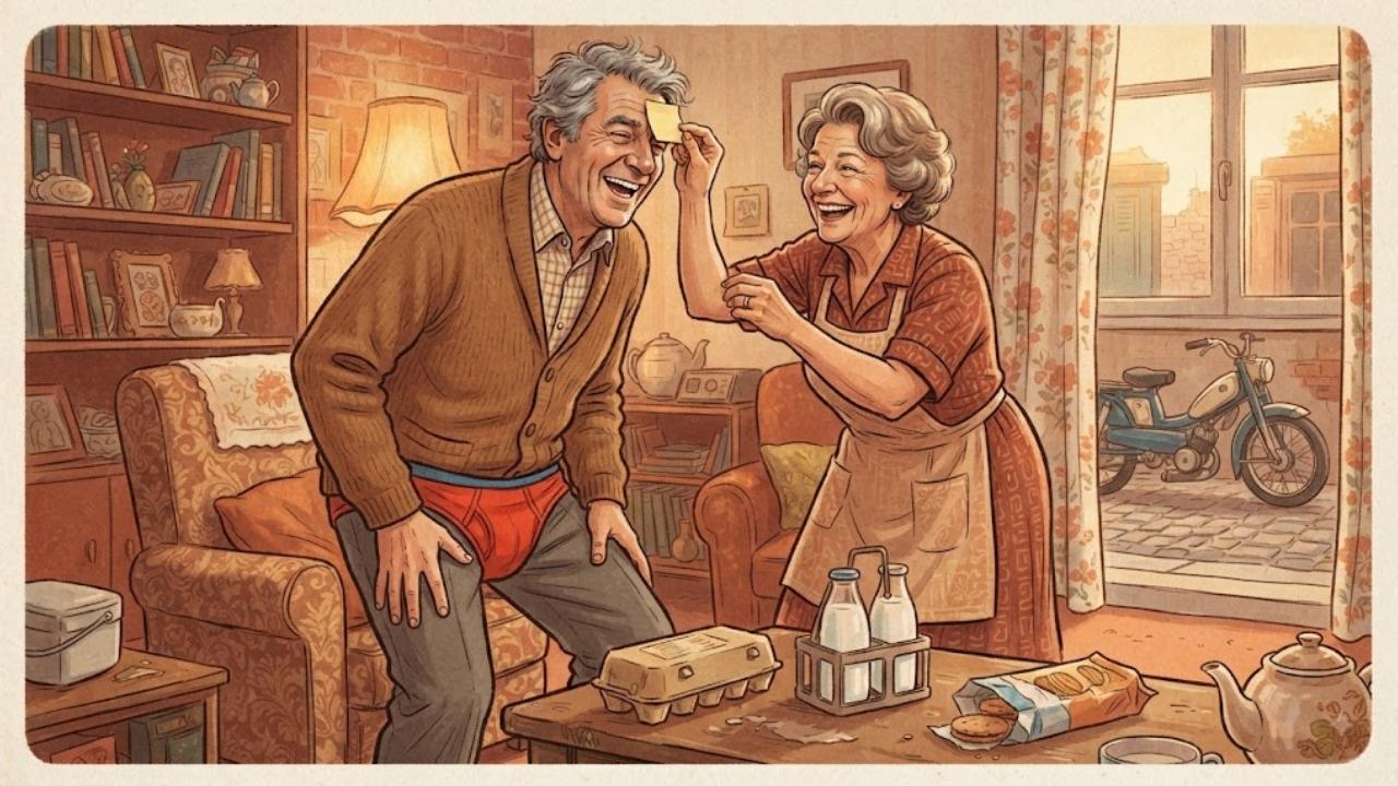 Anthologie de blagues de couple : un couple complice d'une soixantaine d'années qui rit ensemble dans un salon chaleureux, l'homme en slip par-dessus le pantalon façon superman et un post-it sur le front - rire garanti sans fâcher personne