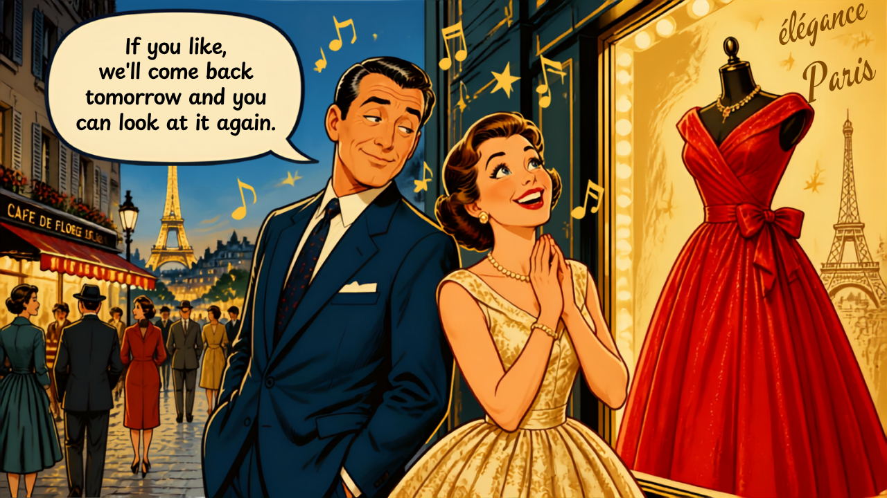Illustration vintage d'un couple parisien devant une vitrine de robe rouge, avec une bulle de dialogue "Si tu veux, demain on revient et tu pourras encore la regarder" – article sur les blagues de femmes