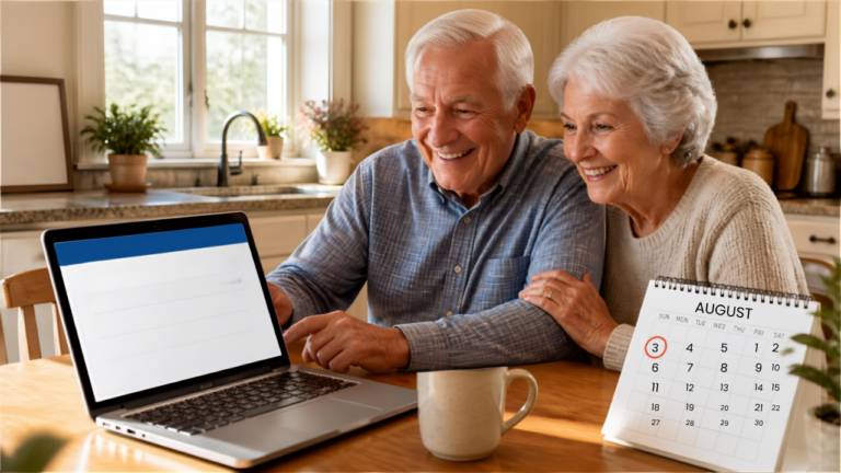 Couple de retraités heureux consultant leur compte bancaire pour le virement Agirc-Arrco d'août 2026