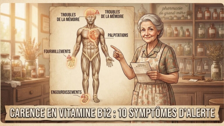Illustration des symptômes de carence en vitamine B12 : fatigue, fourmillements, troubles de la mémoire, palpitations - 10 signes d'alerte