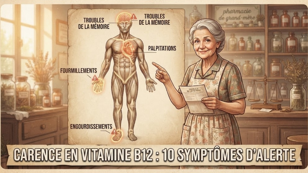 Illustration des symptômes de carence en vitamine B12 : fatigue, fourmillements, troubles de la mémoire, palpitations - 10 signes d'alerte