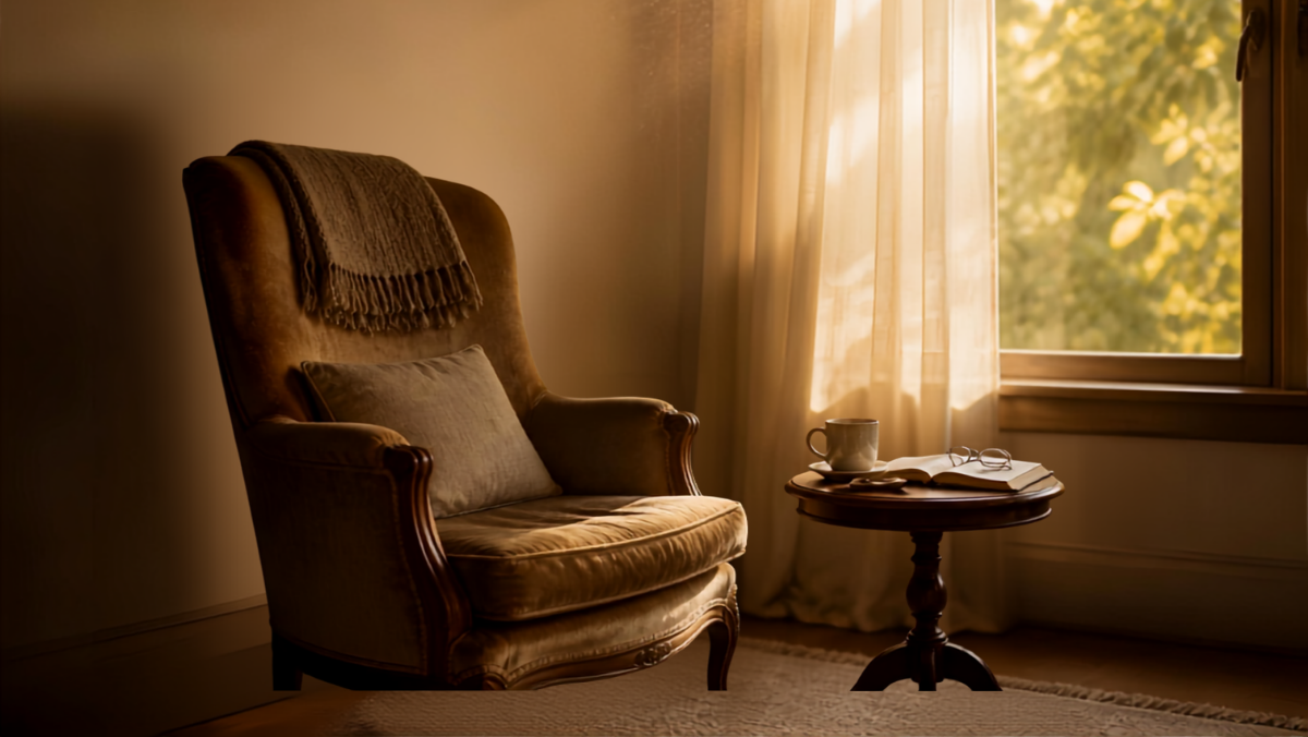 Fauteuil vide en velours près d'une fenêtre avec vue sur un arbre, symbole du deuil et de la mémoire familiale
