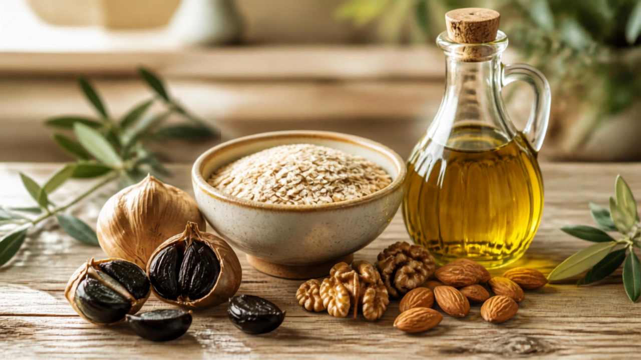 Aliments naturels pour baisser le cholestérol : avoine, ail noir, noix et huile d'olive sur table en bois