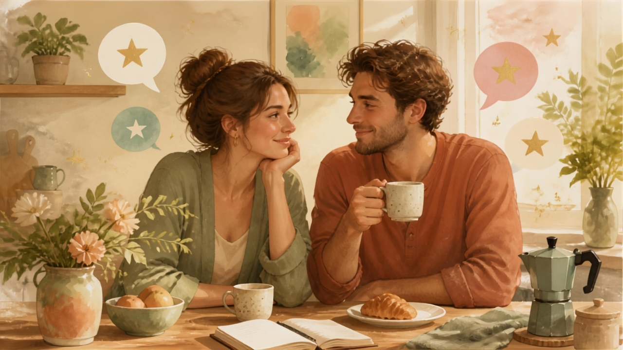 Illustration éditoriale douce d'un couple complice partageant un fou rire matinal, symbolisant l'humour bienveillant et la psychologie positive dans la relation amoureuse.