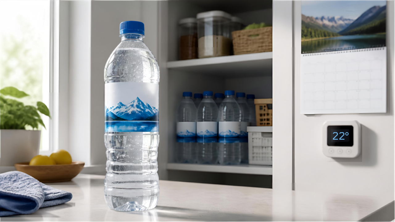 Bouteille d'eau stockée au frais dans une cuisine : conservation eau en bouteille, date DDM et bons gestes de stockage.
