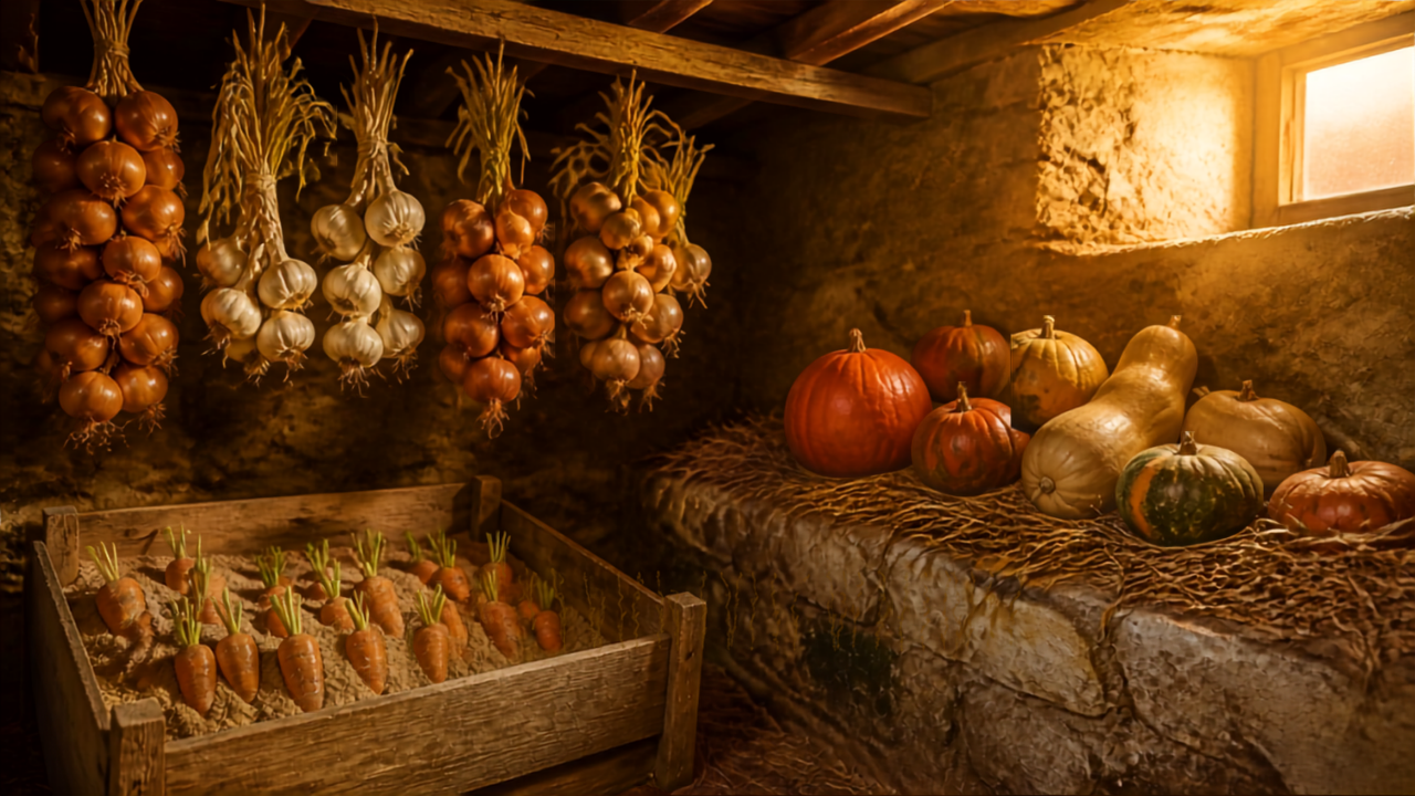 Cave rustique avec caisses de carottes dans le sable, courges sur paille et oignons tressés, méthodes ancestrales de conservation des légumes.