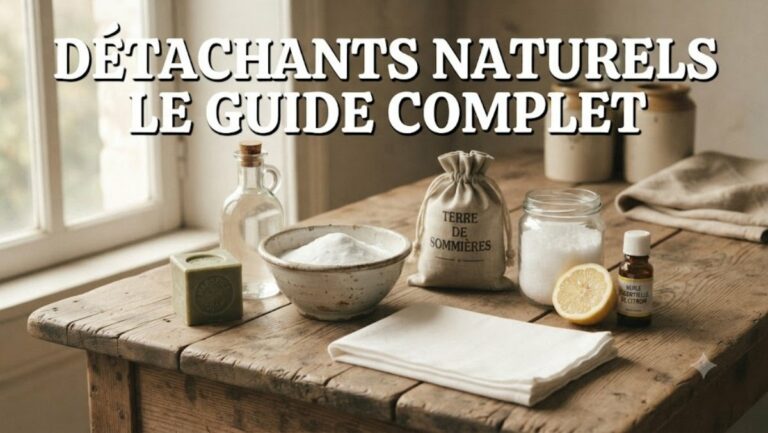 Composition de détachants naturels sur une table en bois : bicarbonate, vinaigre blanc, savon de Marseille, Terre de Sommières, percarbonate, citron et linge blanc - le guide complet des grands-mères
