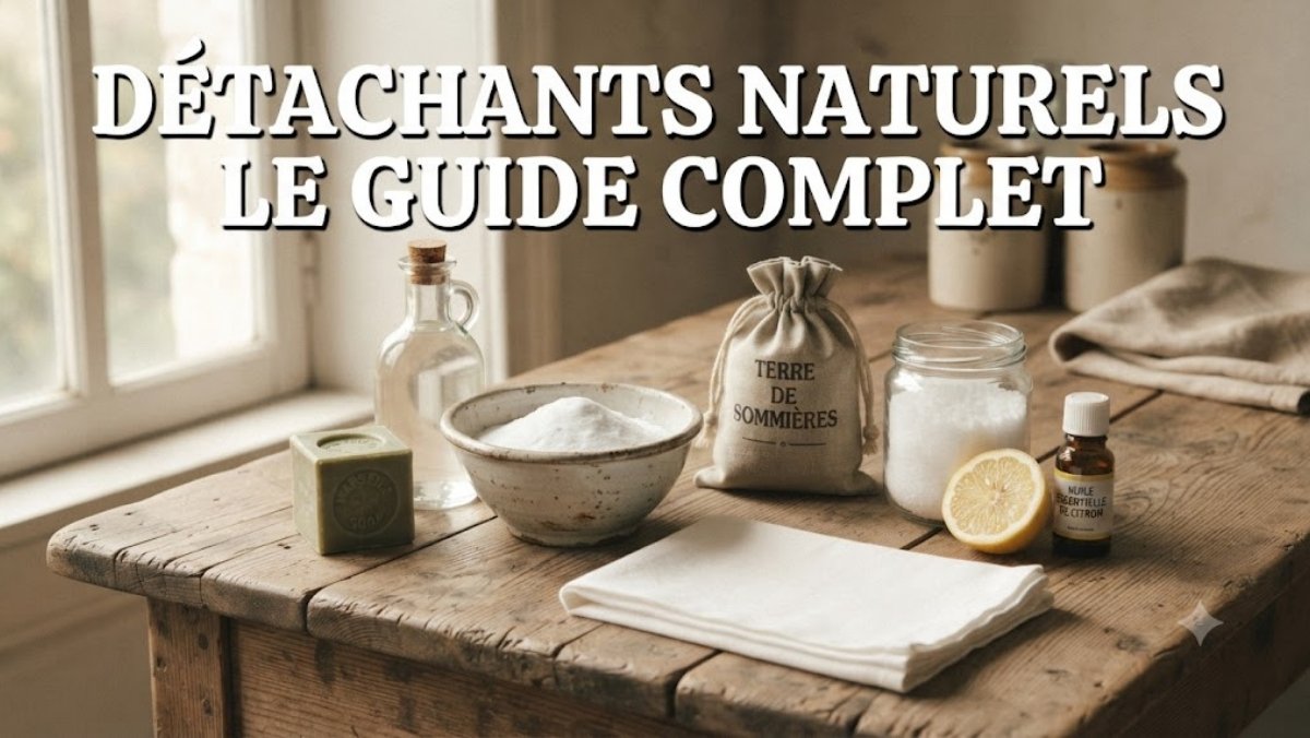 Composition de détachants naturels sur une table en bois : bicarbonate, vinaigre blanc, savon de Marseille, Terre de Sommières, percarbonate, citron et linge blanc - le guide complet des grands-mères
