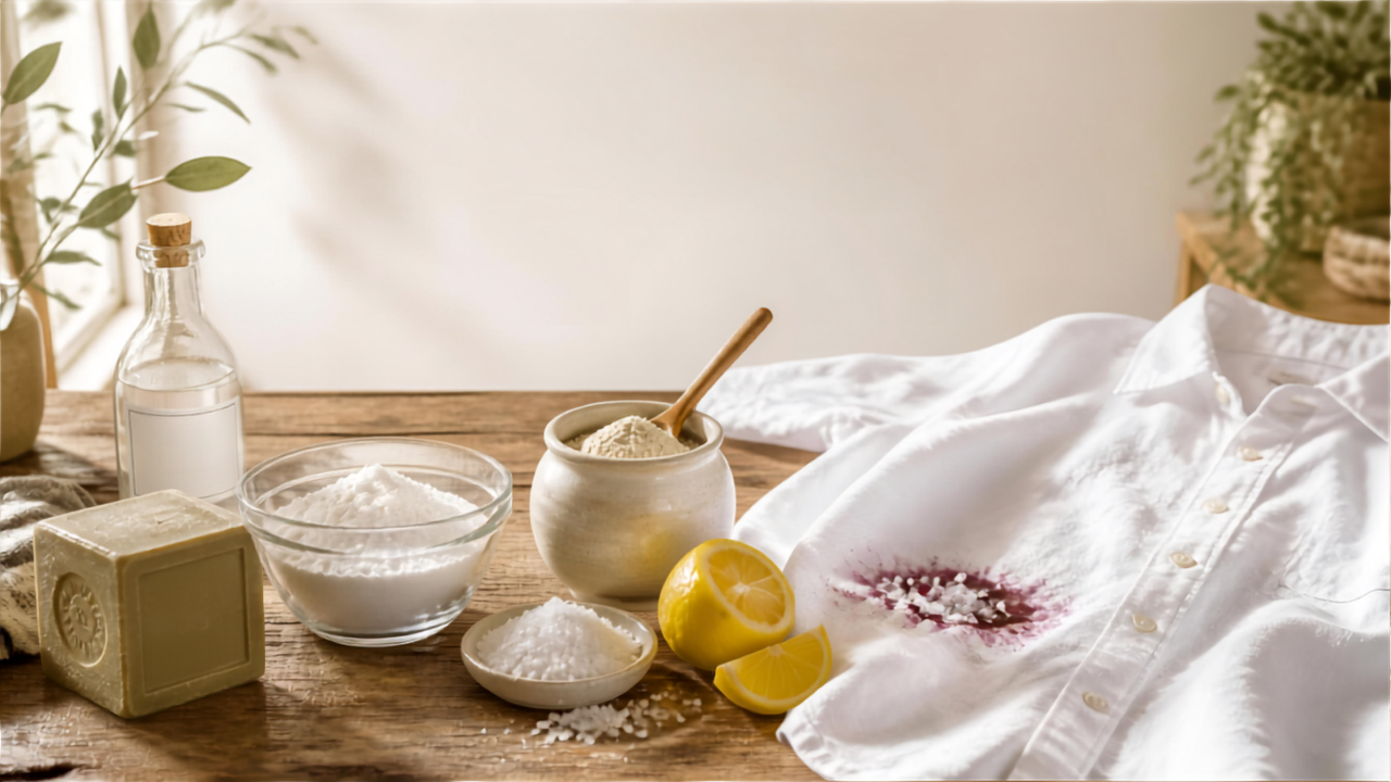 Composition de détachants naturels et ingrédients utilisés dans les méthodes ancestrales de nettoyage du linge : savon de Marseille, bicarbonate de soude, vinaigre blanc, terre de Sommières, sel et citron. Illustration du guide des 50 astuces de grand-mère pour un linge parfait.