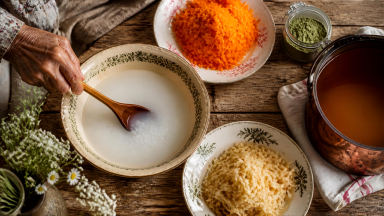 Infographie des 7 remèdes naturels de grand-mère contre la diarrhée explosive : eau de riz, carotte, pomme, bicarbonate, argile, vinaigre, bouillon