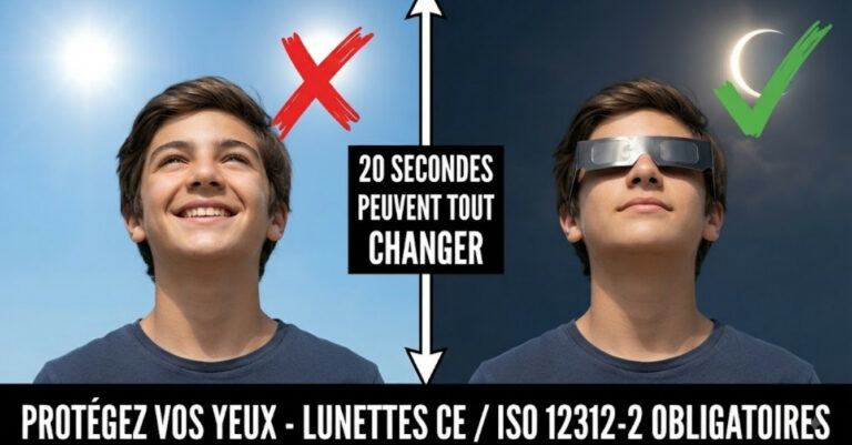 Comparaison avant / après : adolescent regardant l'éclipse sans protection (danger) vs avec lunettes certifiées (sécurité) – illustration de l'importance des lunettes CE / ISO 12312-2