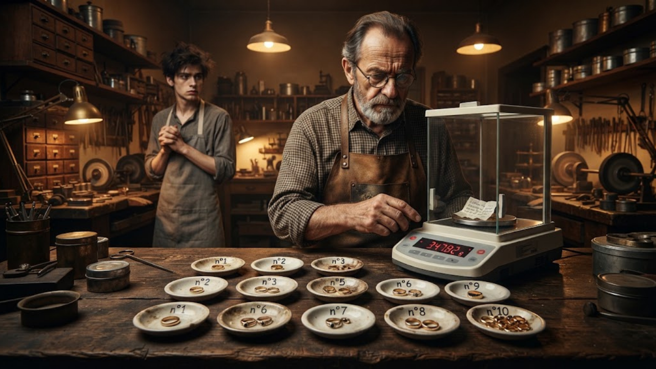 Énigme du bijoutier : le bijoutier et ses 10 apprentis devant une balance avec 55 bagues en or – illustration du problème mathématique
