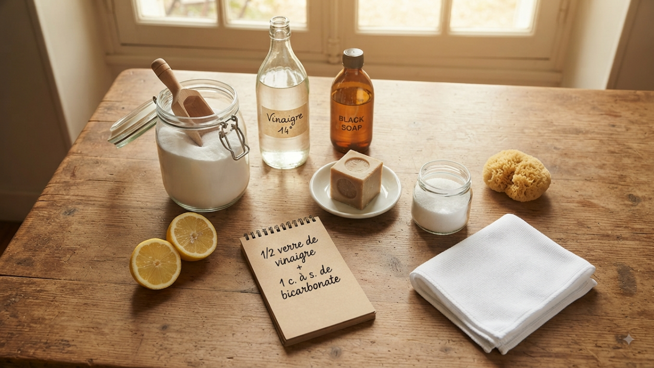 Flat-lay vintage des ingrédients pour l'entretien électroménager : bicarbonate de soude, vinaigre blanc, savon noir, savon de Marseille, citron, percarbonate de soude, éponge et chiffon – article sur le guide complet d'entretien électroménager