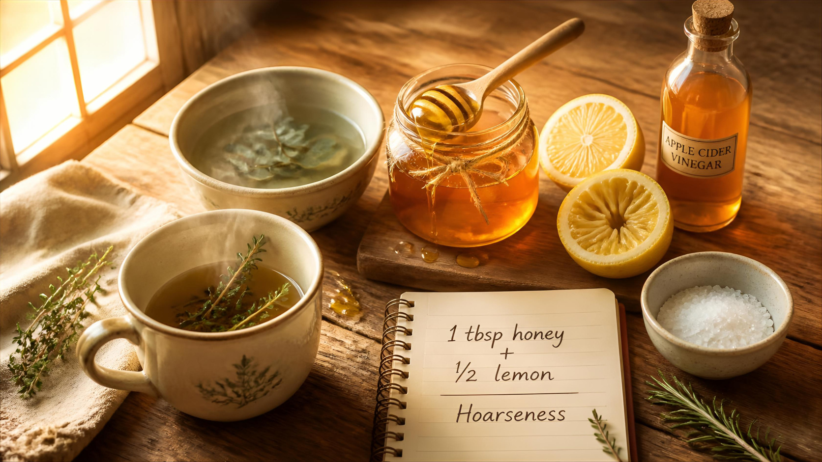 Flat-lay vintage des ingrédients des remèdes contre l'extinction de voix : miel, citron, tisane au thym, inhalations aux huiles essentielles, sel marin, vinaigre de cidre, romarin et carnet de recettes – article sur les 10 remèdes naturels de grands-mères pour l'extinction de voix