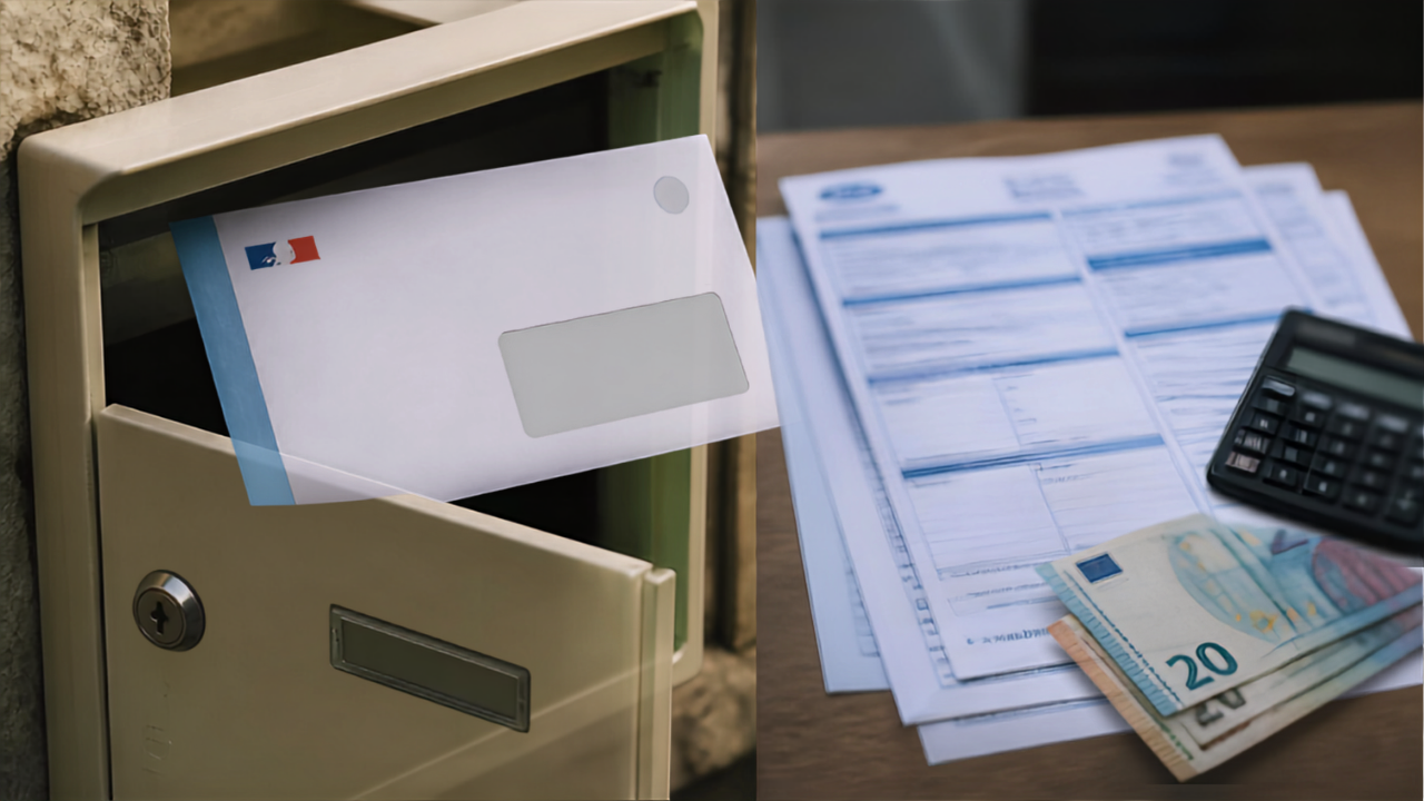 Boîte aux lettres ouverte avec courrier administratif mal adressé, formulaires et billets en euros en arrière-plan, photo réaliste fraude à la CAF.