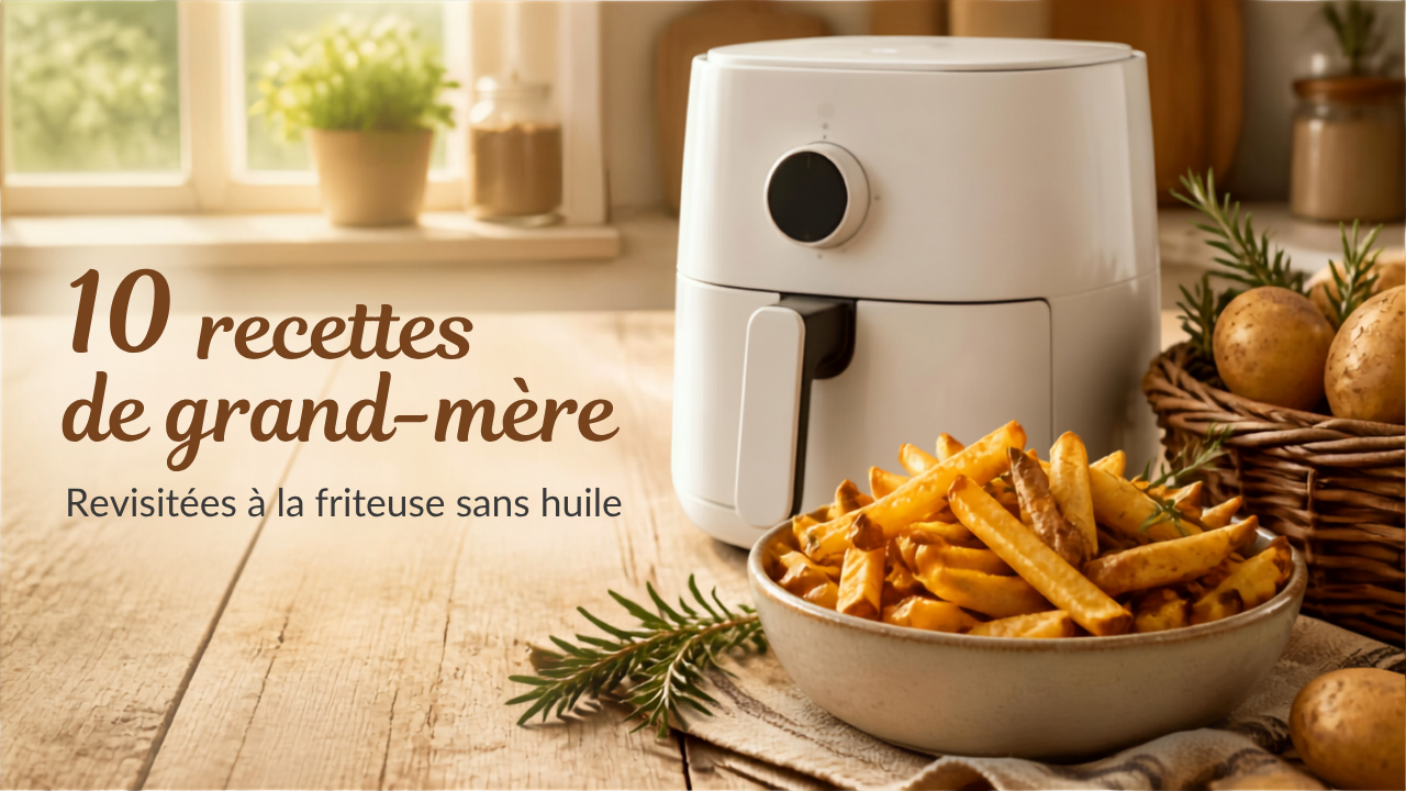 Friteuse à air chaud moderne sur table rustique en bois avec pommes de terre brutes et frites dorées, recettes traditionnelles revisitées sans huile.