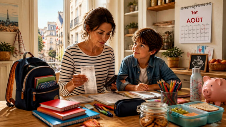 Une mère française et son enfant organisant les fournitures scolaires sur une table de cuisine, avec un calendrier montrant le 1er août, dans une ambiance chaleureuse et économique