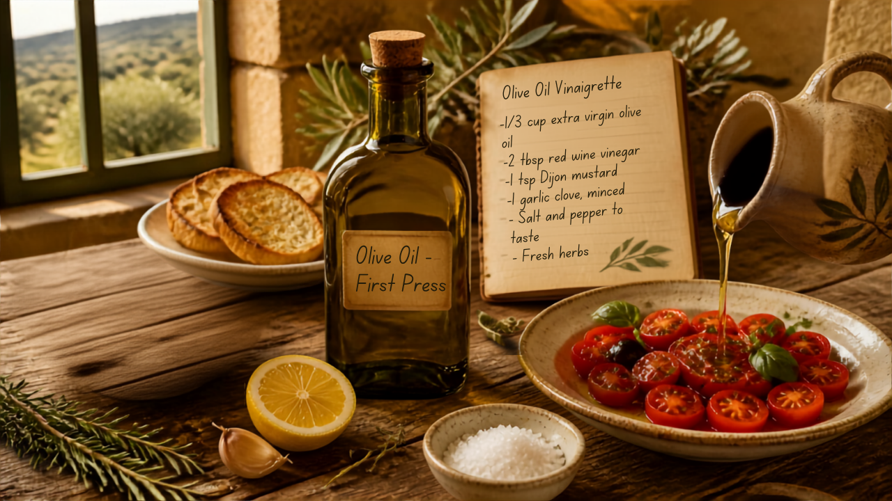 Flat-lay méditerranéen d'une bouteille d'huile d'olive extra vierge avec olives, romarin, thym, ail, citron, pain grillé, tomates cerises et basilic – article sur les 9 bienfaits de l'huile d'olive pour la santé, la beauté et la cuisine