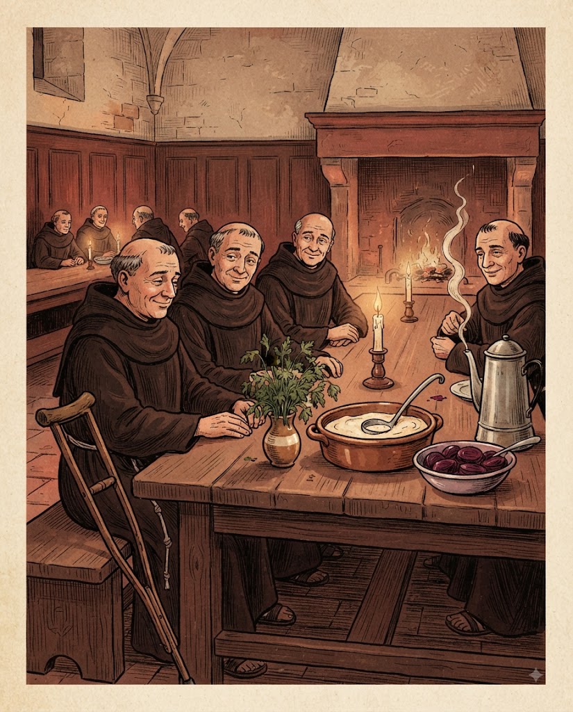 Le repas funèbre de l'abbaye d'Icibas : moines souriants et mélancoliques autour d'une table avec persil fané, béchamel blanche et betteraves violettes, percolateur fumant et béquille contre le banc - les calembours culinaires de la lettre à la Révérende Mère