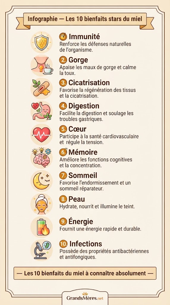 Infographie présentant les 10 bienfaits du miel : immunité, gorge, cicatrisation, digestion, cœur, mémoire, sommeil, peau, énergie, infections – guide complet des vertus du miel