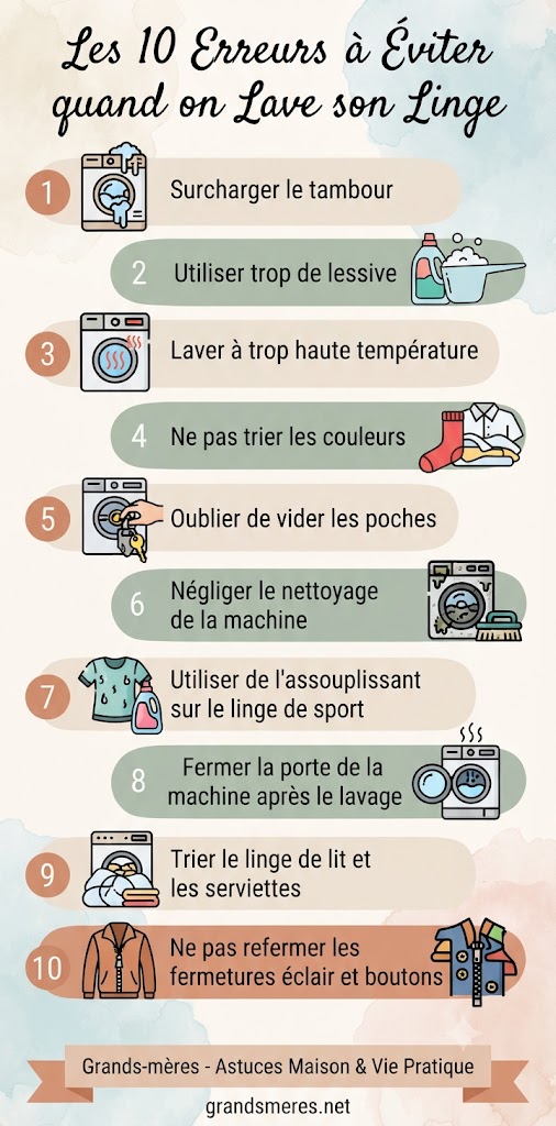 Infographie : Les 10 erreurs à éviter quand on lave son linge. Astuces de grand-mère pour préserver ses vêtements : eau trop chaude, surcharge, trop de lessive, mélange des couleurs, frottage des taches, sèche-linge, Javel, entretien de la machine et repassage.