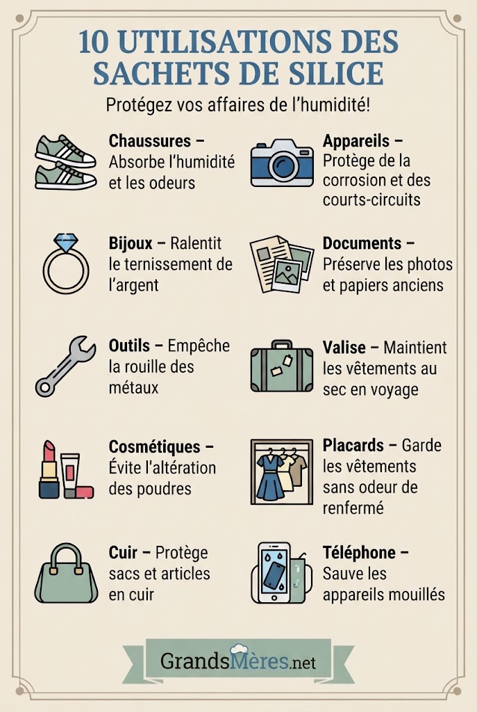 Infographie présentant 10 utilisations des sachets de silice avec icônes : chaussures (anti-odeurs), appareils électroniques (anti-corrosion), bijoux (anti-ternissement), documents (préservation), outils (anti-rouille), valise (voyage), cosmétiques (conservation), placards (anti-odeurs), cuir (protection), téléphone (sauvetage) – guide pratique sur les sachets de silice