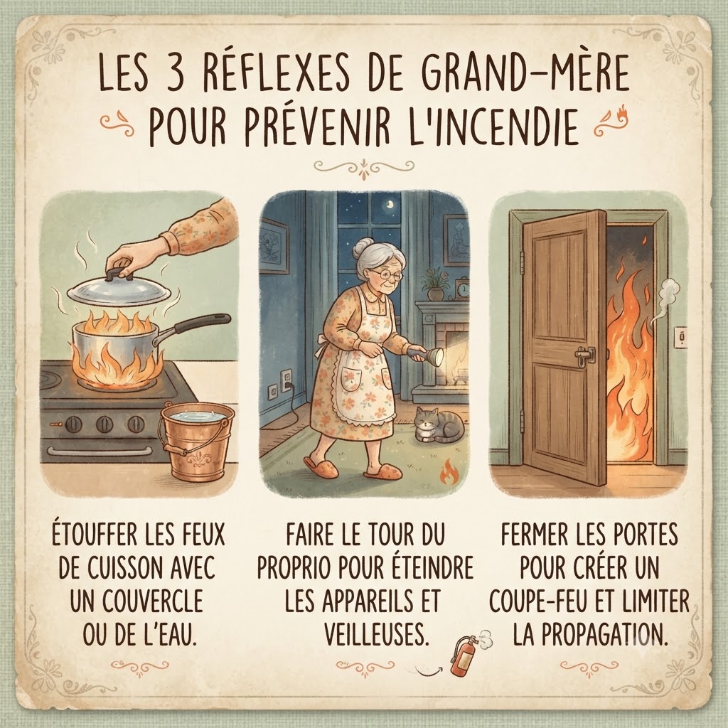Infographie des 3 réflexes de grand-mère pour prévenir l'incendie : couvercle et seau d'eau, ronde du soir, portes fermées la nuit.