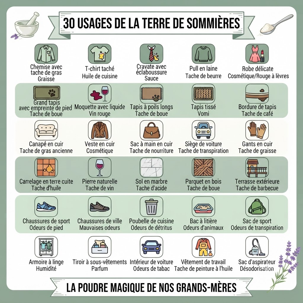 Infographie des 30 usages de la Terre de Sommières classés par catégorie