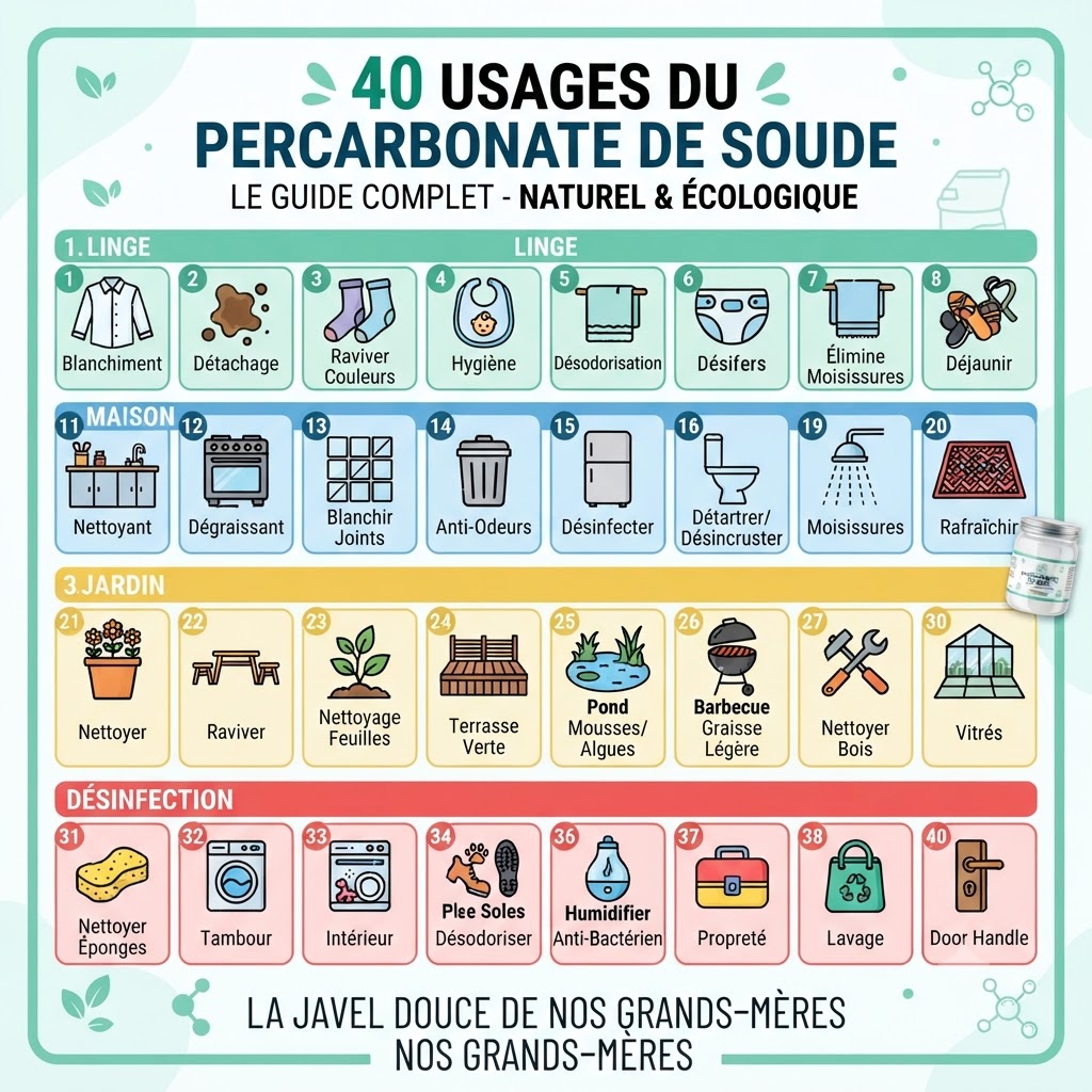 Infographie des 40 usages du percarbonate de soude classés par catégorie