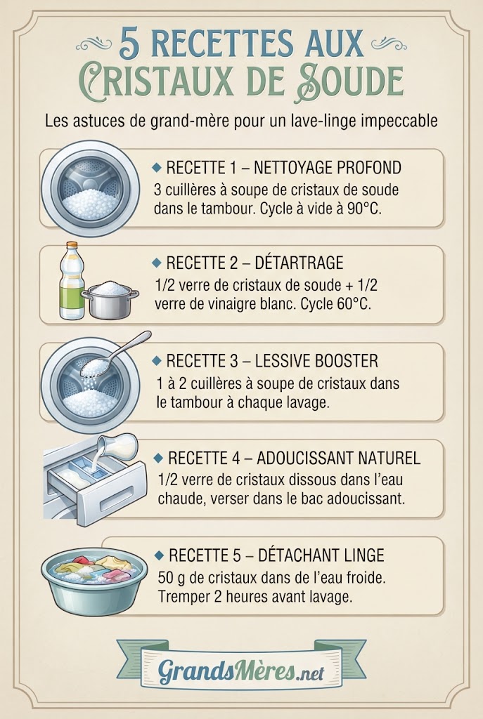 Infographie présentant les 5 étapes pour nettoyer son lave-vaisselle : 1. Vider et retirer les filtres, 2. Nettoyer les filtres au vinaigre, 3. Placer 1 verre de vinaigre dans le panier supérieur, 4. Saupoudrer du bicarbonate dans le fond, 5. Lancer un cycle à 70°C – guide d'entretien du lave-vaisselle