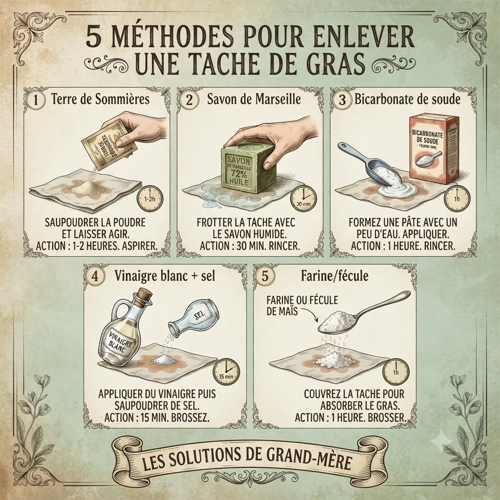Infographie des 5 méthodes de grand-mère pour enlever une tache de gras