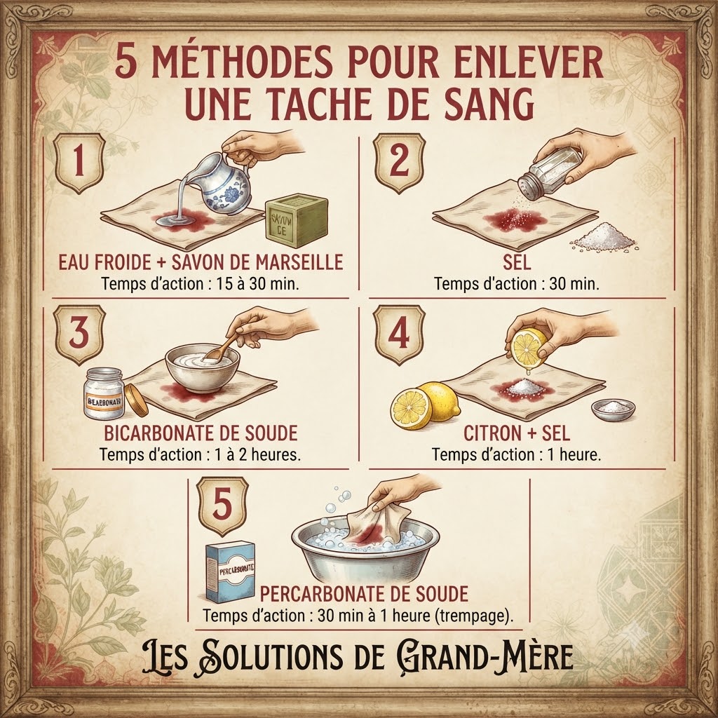 Infographie des 5 méthodes de grand-mère pour enlever une tache de sang