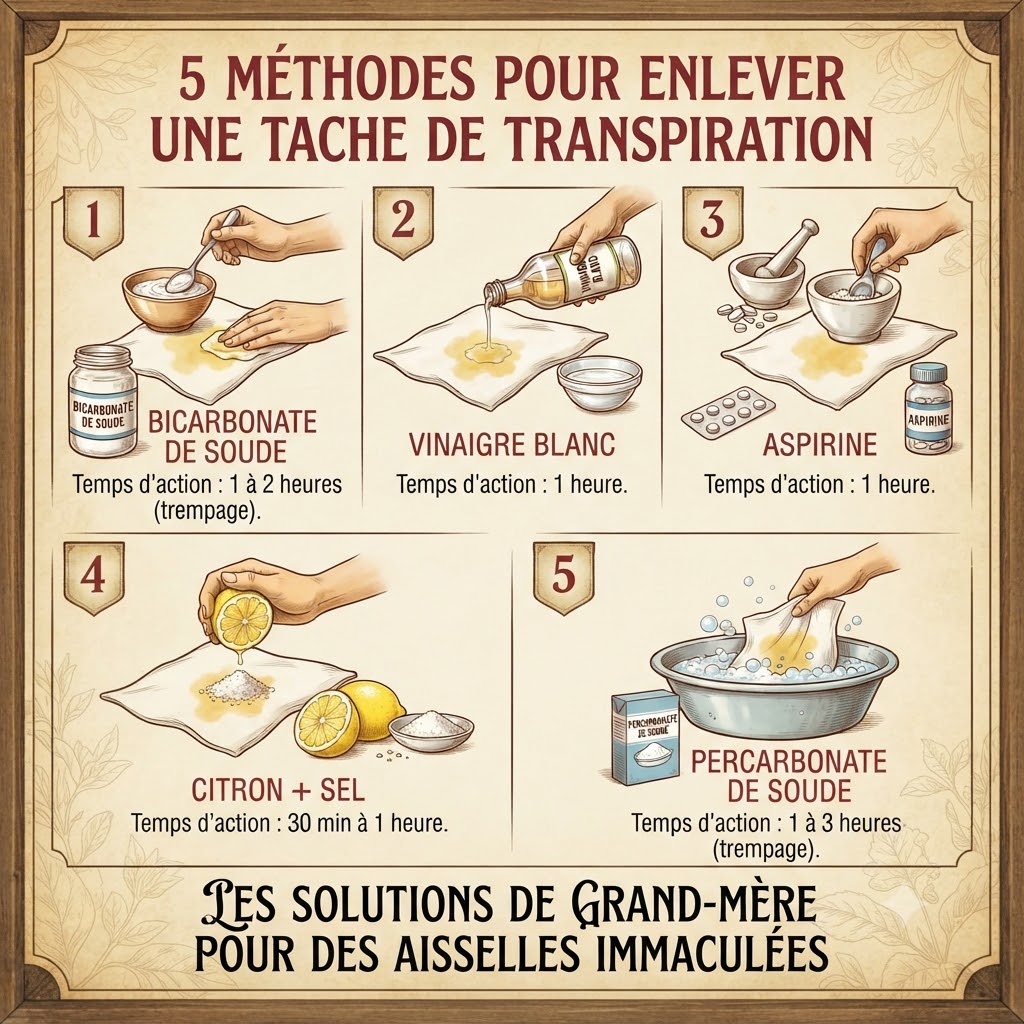 Infographie des 5 méthodes de grand-mère pour enlever les taches de transpiration
