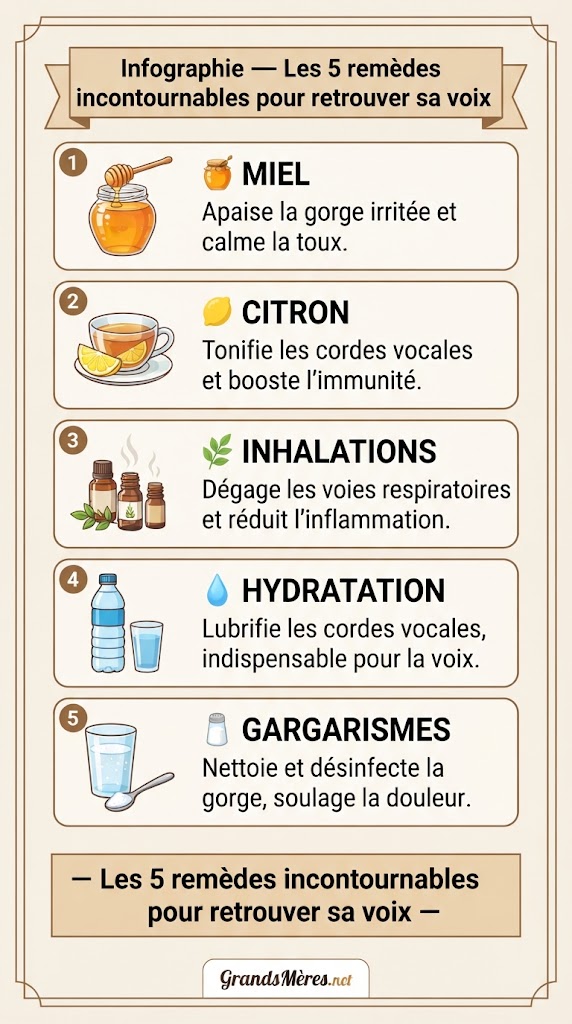 Infographie présentant les 5 remèdes de grands-mères contre l'extinction de voix : repos vocal, miel et citron, inhalations aux huiles essentielles, gargarismes à l'eau salée, hydratation – guide complet des remèdes naturels