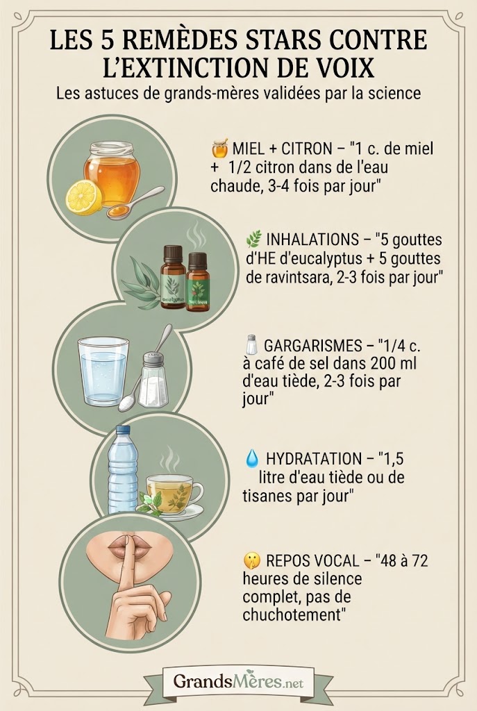Infographie présentant les 5 remèdes de grands-mères contre l'extinction de voix : miel et citron (boisson chaude 3-4 fois/jour), inhalations aux huiles essentielles (eucalyptus, ravintsara), gargarismes à l'eau salée, hydratation (1,5 litre d'eau/jour), et repos vocal (48-72 heures de silence) – guide complet des remèdes naturels pour retrouver sa voix