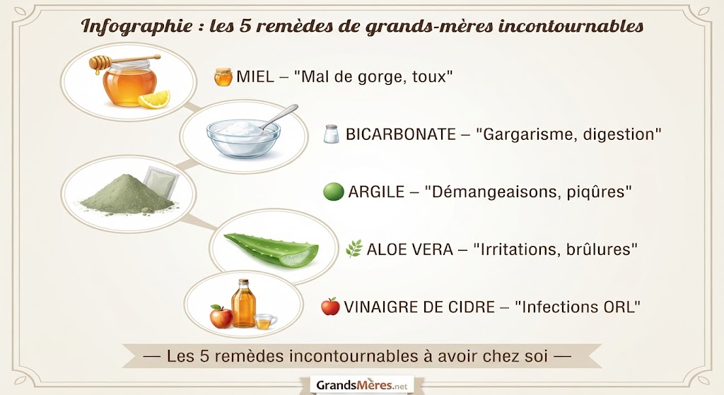 Infographie présentant les 5 remèdes de grands-mères stars : miel (mal de gorge), bicarbonate (gargarisme), argile verte (démangeaisons), aloe vera (irritations), vinaigre de cidre (infections) – guide complet des remèdes naturels