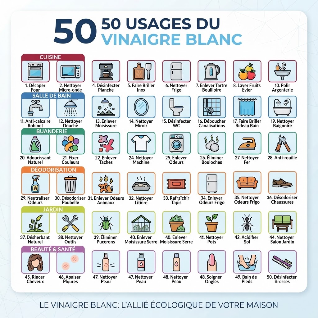 Infographie des 50 usages du vinaigre blanc classés par catégorie : cuisine, salle de bain, linge, désodorisation, jardin, beauté