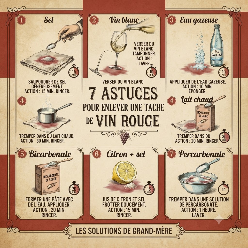 Infographie des 7 astuces de grand-mère pour enlever une tache de vin rouge