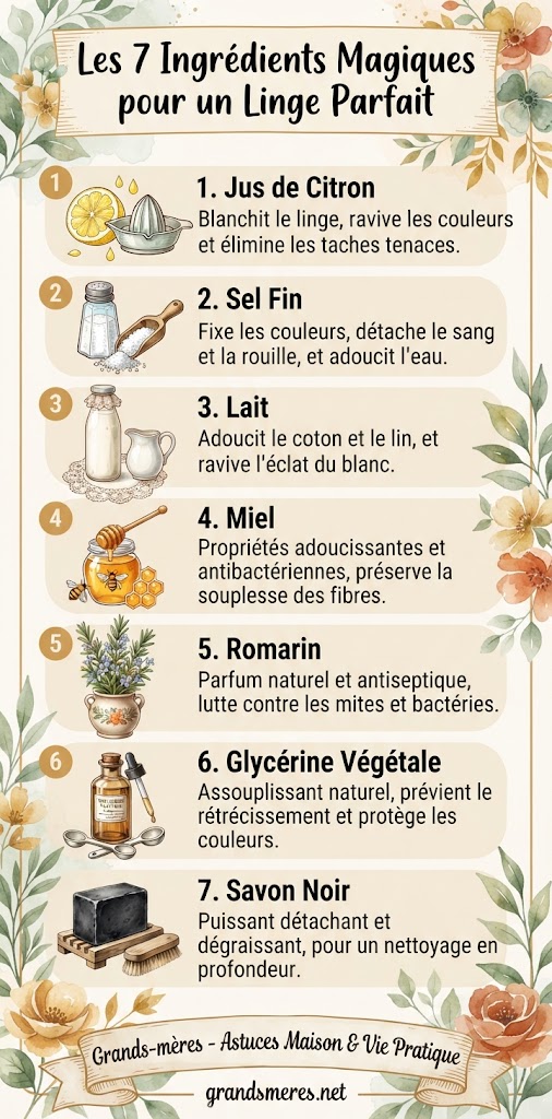 Infographie : Les 7 ingrédients magiques pour un linge parfait. Citron, sel, lait, miel, romarin, glycérine et savon noir. Astuces surprenantes de grand-mère pour blanchir, adoucir, parfumer et raviver les couleurs du linge.
