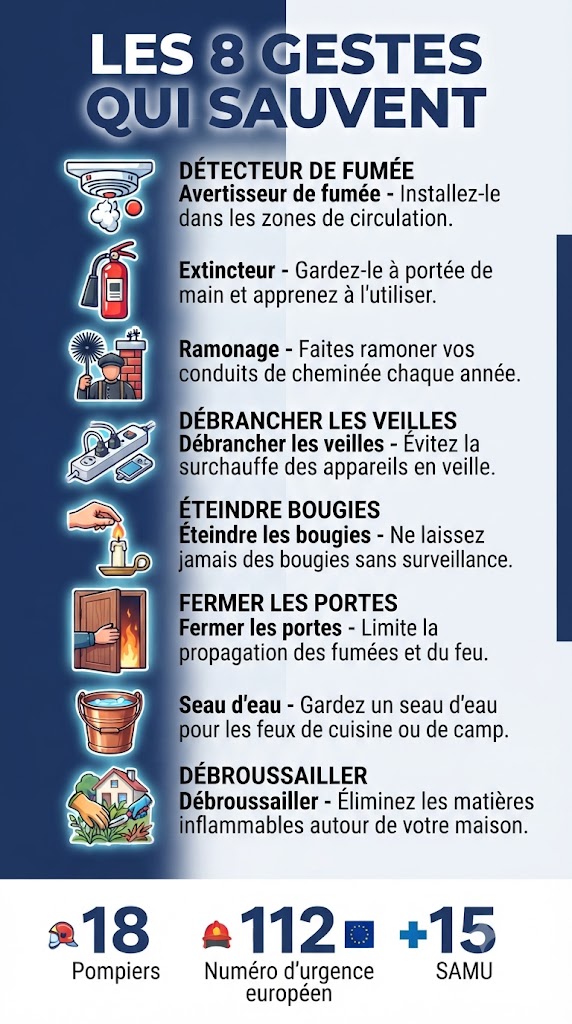 Infographie des 8 gestes qui sauvent pour prévenir les incendies domestiques : détecteur de fumée, extincteur, ramonage, débrancher les veilles, éteindre bougies, fermer les portes, seau d'eau, débroussailler.