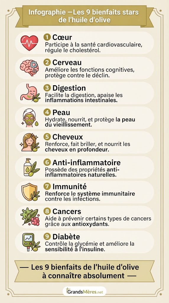 Infographie présentant les 9 bienfaits de l'huile d'olive : cœur, cerveau, digestion, peau, cheveux, anti-inflammatoire, immunité, prévention des cancers, diabète – guide complet des vertus de l'huile d'olive